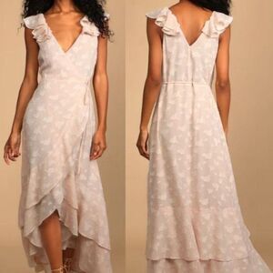 Lulus Blush Pink Jacquard High-Low Wrap Prom Bridesmaid Maxi Dress, Size small